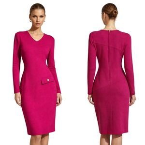 David‎ Warren 80s Magenta Pink V Neck Long Sleeve Sheath Dress Wool Blend